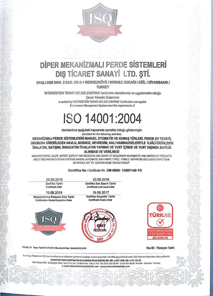 Diper Perde ISO 14001-2004 Sertifikası